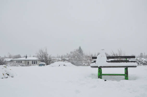 istock A snow man sitting on the bench. 962361126