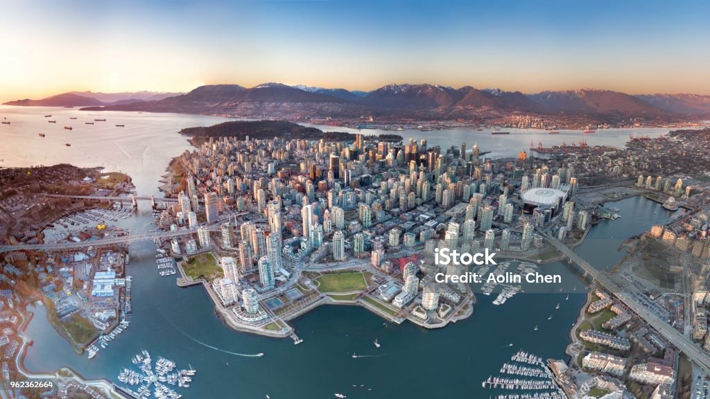 Downtown or Island? A panoramic drone view of Vancouver downtown. Vancouver - Canada Stock Photo