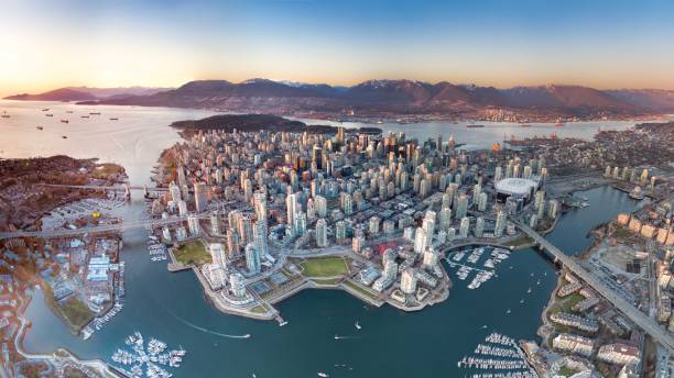 Downtown or Island? A panoramic drone view of Vancouver downtown. british columbia photos stock pictures, royalty-free photos & images