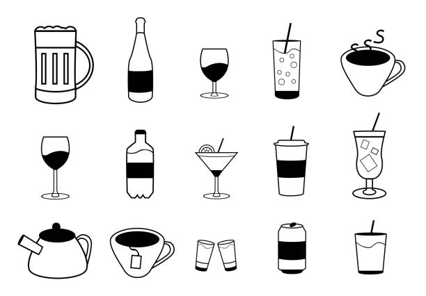 ilustraciones, imágenes clip art, dibujos animados e iconos de stock de conjunto de vectores iconos de bebida - resoplar