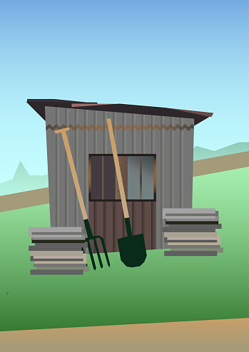 Vector illustration of old garden shed with farm tools - pitchfork and shovel. Eps format 10 is available.