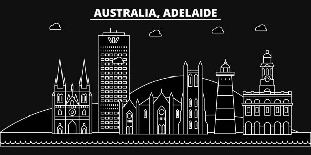 adelaide silhouette skyline. australien - adelaide vektor stadt, australische lineare architektur, gebäude. adelaide reisen darstellung, gliederung wahrzeichen. flache symbol australien, australische linie banner - australian culture scenics australia panoramic stock-grafiken, -clipart, -cartoons und -symbole