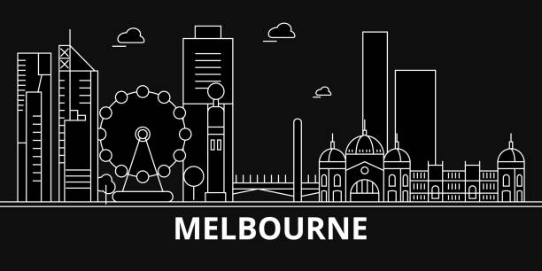 メルボルンのシルエット スカイライン。オーストラリア - メルボルンのベクトル、線形オーストラリアの建築、建物。メルボルン旅行イラスト、アウトラインのランドマーク。オーストラリ - melbourne skyline australia city点のイラスト素材／クリップアート素材／マンガ素材／アイコン素材