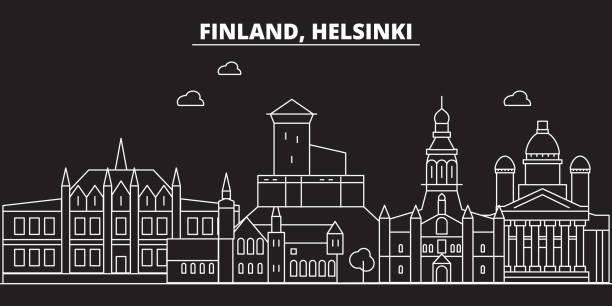 helsinki silhouette skyline. finnland - helsinki-vektor-stadt, finnische lineare architektur, gebäude. helsinki reise darstellung, gliederung wahrzeichen. finnland-flach-symbol, finnischen linie banner - helsinki stock-grafiken, -clipart, -cartoons und -symbole