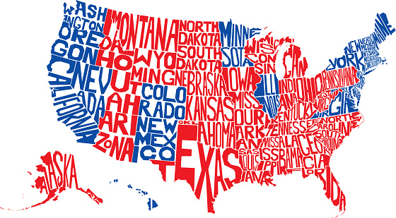 Vector illustration of a red and blue United States map made from the names all fifty states.