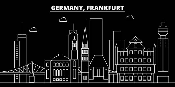 ilustrações de stock, clip art, desenhos animados e ícones de frankfurt silhouette skyline. germany - frankfurt vector city, german linear architecture, buildings. frankfurt travel illustration, outline landmarks. germany flat icon, german line banner - frankfurt german culture night city