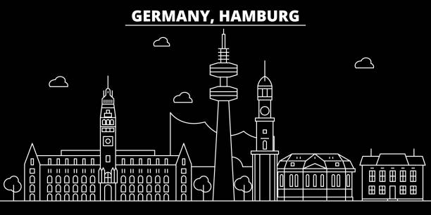 hamburg siluet manzarası. almanya - hamburg vektör şehir, alman doğrusal mimarisi, binalar. hamburg seyahat illüstrasyon, anahat yerler. almanya düz simgesi, alman hat afiş - hamburg stock illustrations