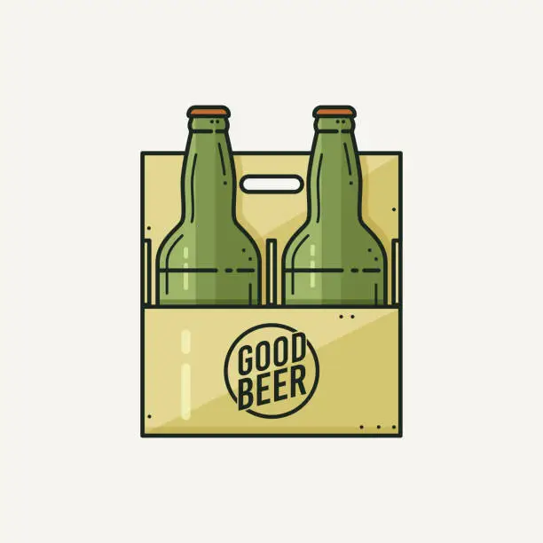 Vector illustration of Two green beer bottles in the package isolated on a light background. Beer takeaway.