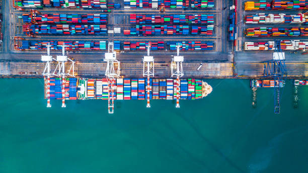 istock Aerial top view container cargo ship, Business import export logistic and transportation of International by ship in the open sea. 962385808