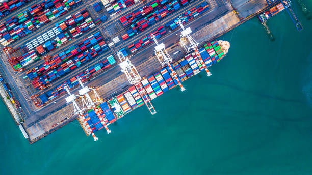 istock Aerial top view container cargo ship, Business import export logistic and transportation of International by ship in the open sea. 962385866