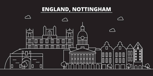 Nottingham silhouette skyline. Great Britain - Nottingham vector city, british linear architecture. Nottingham travel illustration, outline landmarks. Great Britain flat icon, british line banner Nottingham silhouette skyline. Great Britain - Nottingham vector city, british linear architecture, buildings. Nottingham line travel illustration, landmarks. Great Britain flat icon, british outline design banner nottingham stock illustrations