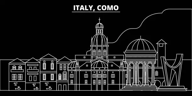 Vector illustration of Como silhouette skyline. Italy - Como vector city, italian linear architecture, buildings. Como travel illustration, outline landmarks. Italy flat icon, italian line banner