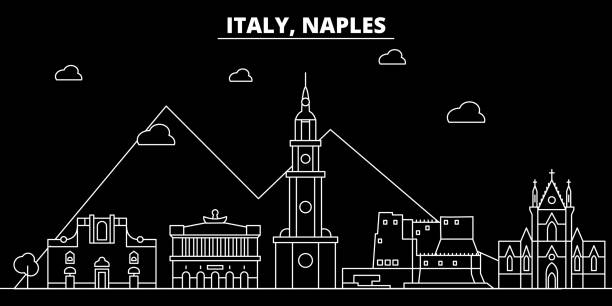 那不勒斯剪影天際線。義大利-那不勒斯向量城市, 義大利線性建築, 建築。那不勒斯旅遊插圖, 勾勒地標。義大利平面圖標, 義大利線橫幅 - napoli 幅插畫檔、美工圖案、卡通及圖標