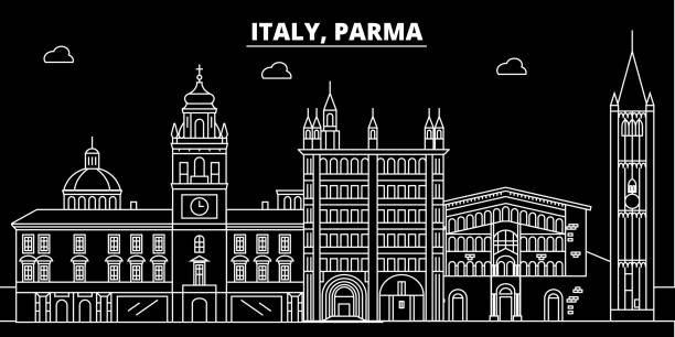 illustrations, cliparts, dessins animés et icônes de skyline de parme de silhouette. italie - ville de vecteur de parme, architecture linéaire italienne, bâtiments. illustration de voyage de parme, points de repère de plan. icône plate d’italie, bannière ligne italienne - parme