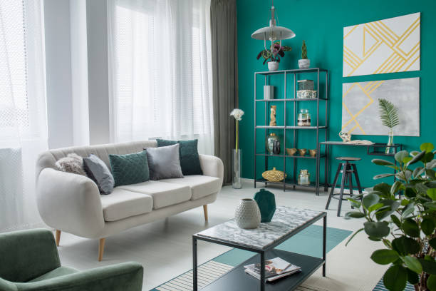 istock Green cosy living room interior 962387842