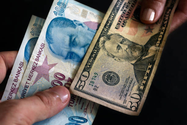 amerika birleşik devletleri dolarlık banknot ile yeni türk lirası alışverişi - türk lirası stok fotoğraflar ve resimler