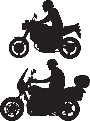 Vector silhouettes of two men riding motorcycles.