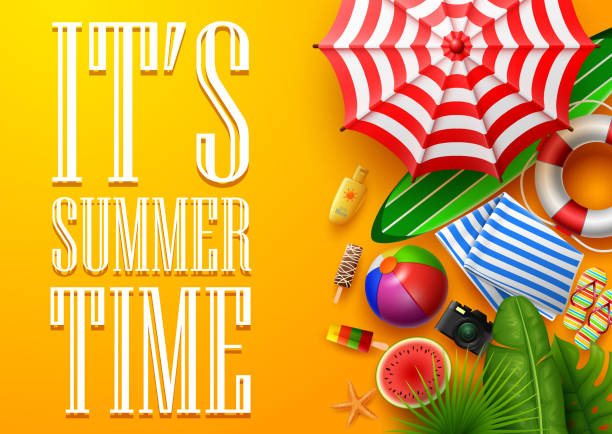 ilustrações de stock, clip art, desenhos animados e ícones de it's summer time banner with tropical leaves, camera, umbrella, surfboard, and lifebuoy on orange background - suntan lotion symbol ice umbrella