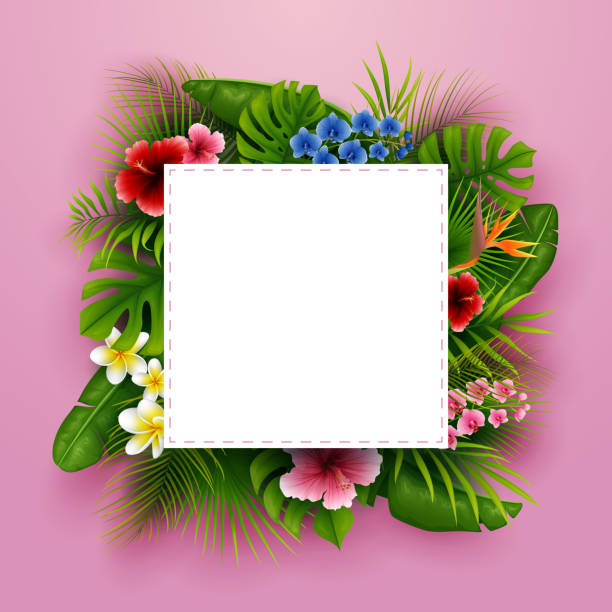 istock Green summer with tropical leaves and flowers. Vector pink background 962395836