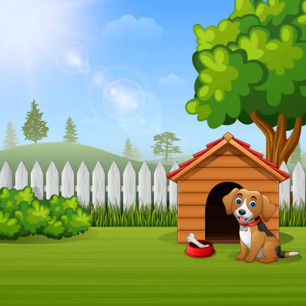 Vector illustration of Cute dog sitting in front of a kennel in a garden