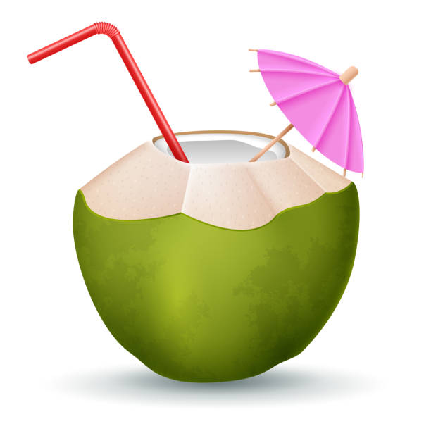 ilustrações de stock, clip art, desenhos animados e ícones de coconut cocktail with straw and umbrella on white background - fruit freshness tree foods and drinks