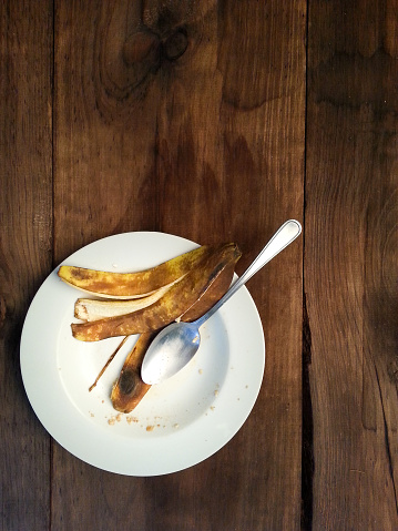 Empty plate on rustic wood table after breakfast