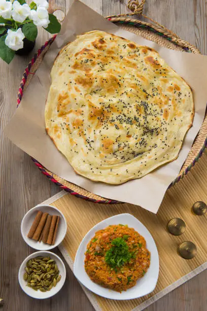 Photo of arabic bread flat lay