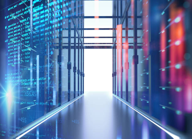 istock Corridor of  server room with server racks in datacenter. 3d illustration 962404096