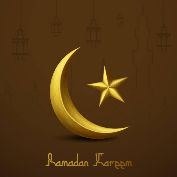 ilustrações de stock, clip art, desenhos animados e ícones de ramadan kareem islamic greeting with golden crescent moon and star. line mosque and traditional lantern hanging - 3148