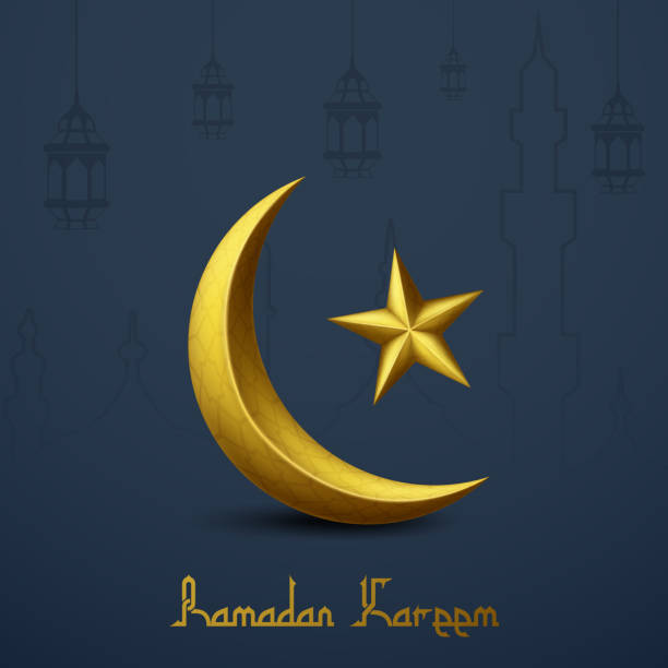 ilustrações, clipart, desenhos animados e ícones de ramadan kareem saudação islâmica com dourado lua crescente e a estrela. linha mesquita e tradicional lanterna pendurada - 3149