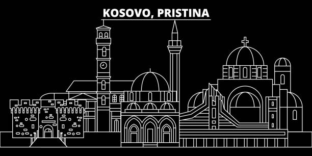 Pristina silhouette skyline. Kosovo - Pristina vector city, kosovan linear architecture, buildings. Pristina travel illustration, outline landmarks. Kosovo flat icon, kosovan line banner Pristina silhouette skyline. Kosovo - Pristina vector city, kosovan linear architecture, buildings. Pristina line travel illustration, landmarks. Kosovo flat icon, kosovan outline design banner pristina stock illustrations