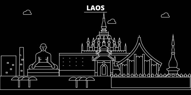 laos silhouette vektor stadt, skyline, gebäude, lao lineare architektur. laos reisen, illustration, übersicht landmarkflat-symbol, lao linie banner - laos stock-grafiken, -clipart, -cartoons und -symbole