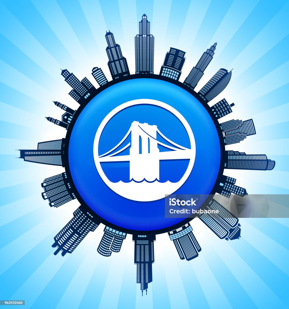 Brooklyn Bridge on Modern Cityscape Skyline Background Brooklyn Bridge on Modern Cityscape Skyline Background. The main image depicted is placed on a shiny round button. The button is in the center of the illustration. a detailed 100% vector cityscape skyline is placed around the circumference of the button and includes various office, residential condominium and commercial real estate buildings. There is a blue sky background with a star burst glow rendered behind the buildings. The image is ideal for displaying city life concepts and ideas. Architecture stock vector