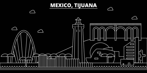 illustrazioni stock, clip art, cartoni animati e icone di tendenza di skyline della silhouette di tijuana. messico - città vettoriale di tijuana, architettura lineare messicana, edifici. illustrazione di viaggio tijuana, punti di riferimento di contorno. messico icona piatta, striscione linea messicana - the americas latin american and hispanic ethnicity map latin america