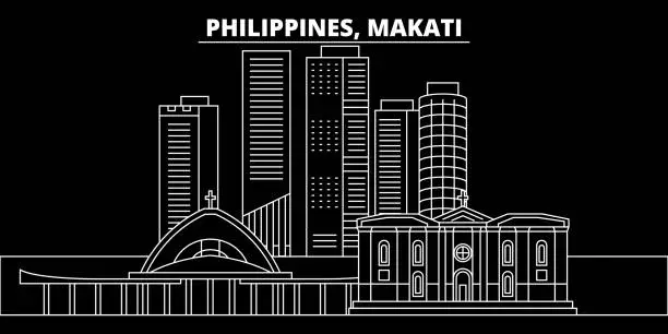 Vector illustration of Makati silhouette skyline. Philippines - Makati vector city, filipino linear architecture, buildings. Makati travel illustration, outline landmarks. Philippines flat icon, filipino line banner