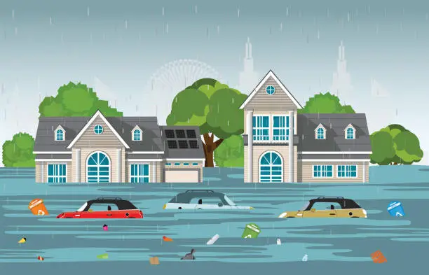 Vector illustration of Heavy rain drops and city flood in modern village.