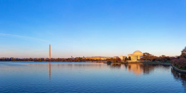Jeffeerson Memorial and Washington Monument reflected on Tidal Basin in the evening.