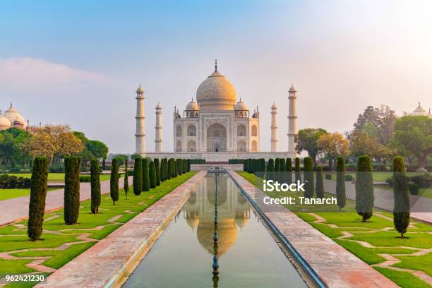 Taj Mahal Front View Reflected On The Reflection Pool Stock Photo - Download Image Now