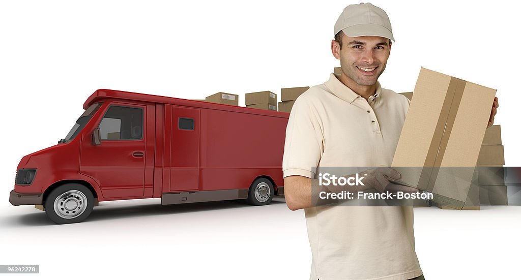 Messenger e rosso camion - Foto stock royalty-free di Addetto alle consegne