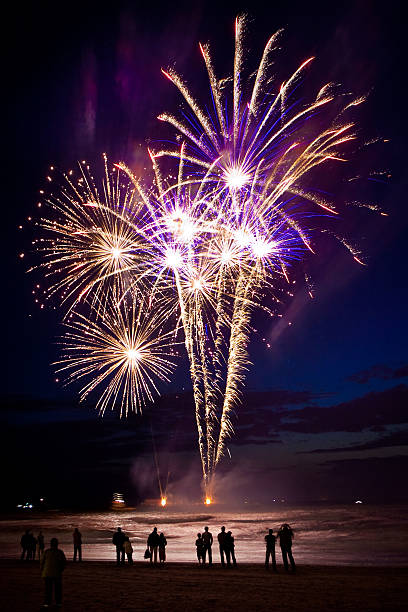 Fireworks on the beach stock photo