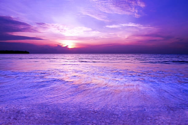 blurred wave motion come to the beach with nice twilight golden hour sky sunset