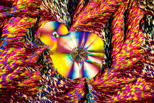 Abstract micrograph of ascorbic acid crystals with a central radial pattern among a sea of dense, colorful feathers.