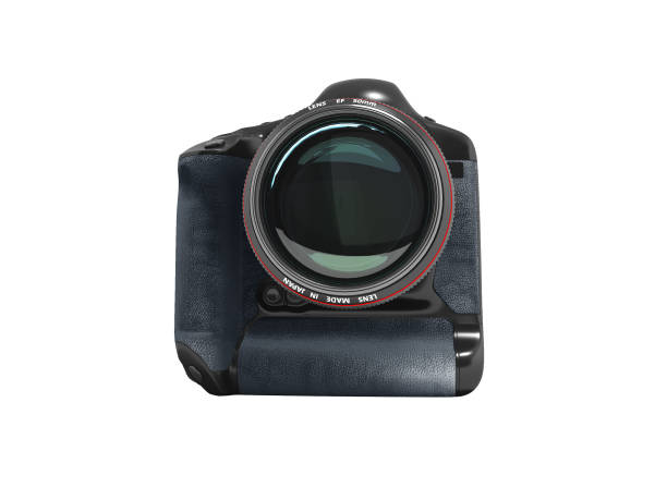 istock Modern professional camera for professional shooting in nature black with blue leather inserts 3D render on white background no shadow 962434764
