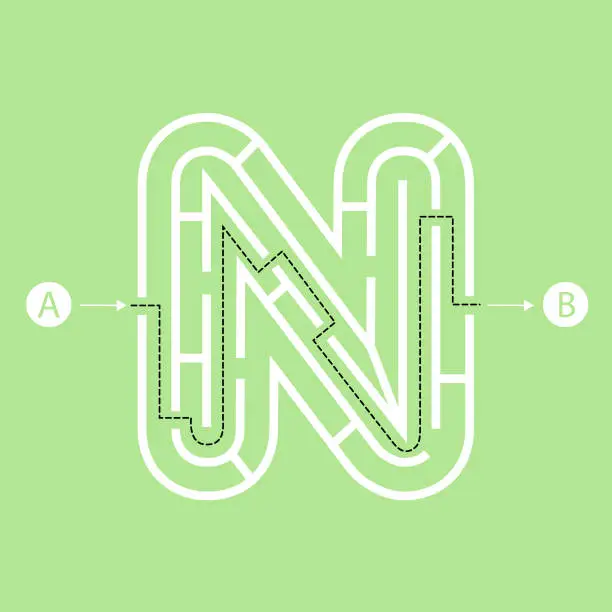 Vector illustration of Letter N shape Maze Labyrinth, maze with one way to entrance and one way to exit. Flat design, vector illustration.