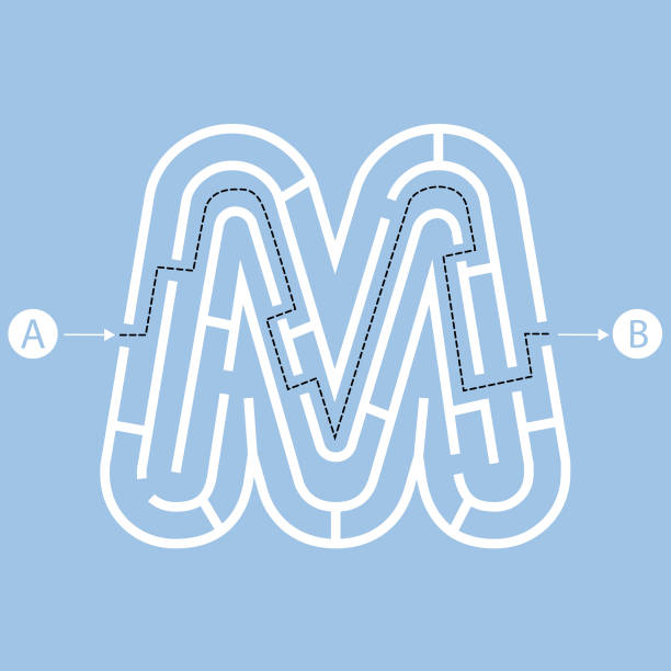 文字 m 形迷路迷宮、迷路の入り口に 1 つの方法と終了方法の 1 つ。フラットなデザイン、ベクトル イラスト。 - conflict one way sign road sign点のイラスト素材／クリップアート素材／マンガ素材／アイコン素材