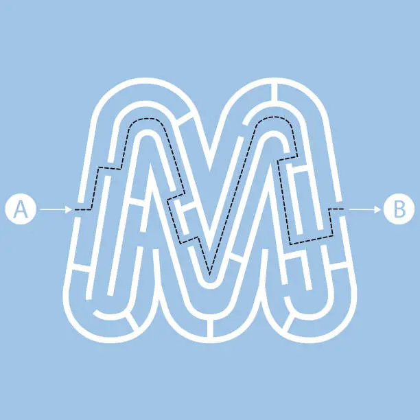 Vector illustration of Letter M shape Maze Labyrinth, maze with one way to entrance and one way to exit. Flat design, vector illustration.
