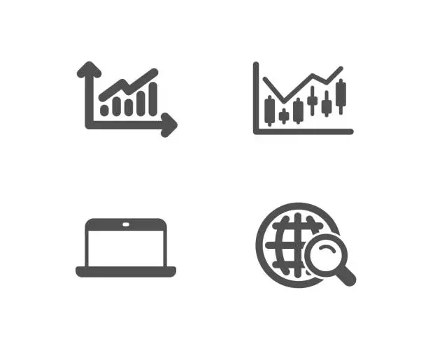 Vector illustration of Graph, Financial diagram and Laptop icons. Internet search sign.