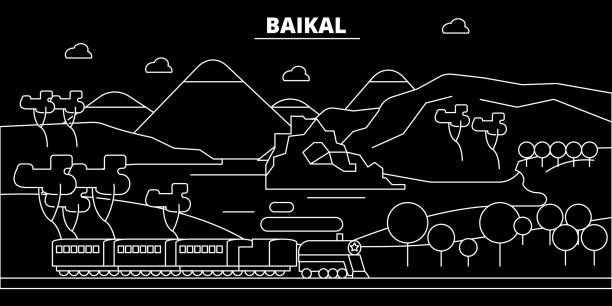 baikal silhouette skyline. russland - baikal vektor stadt, russische lineare architektur, gebäude. baikal reisen darstellung, gliederung wahrzeichen. flache ikone russland, russische linie banner - baikalsee stock-grafiken, -clipart, -cartoons und -symbole