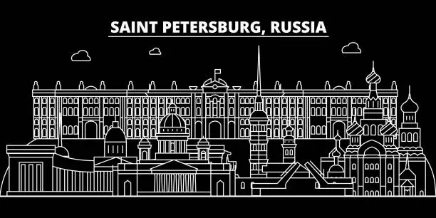 Vector illustration of Saint Petersburg silhouette skyline. Russia - Saint Petersburg vector city, russian linear architecture. Saint Petersburg travel illustration, outline landmarks. Russia flat icon, russian line banner
