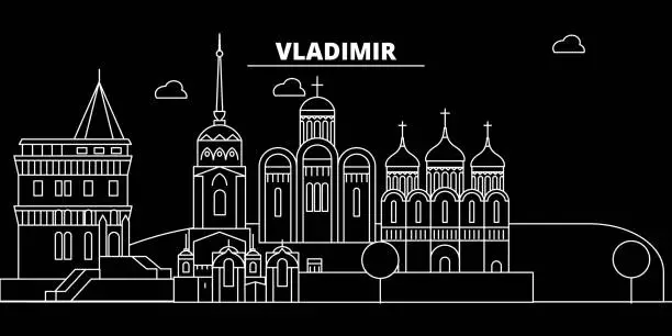 Vector illustration of Vladimir silhouette skyline. Russia - Vladimir vector city, russian linear architecture, buildings. Vladimir travel illustration, outline landmarks. Russia flat icon, russian line banner